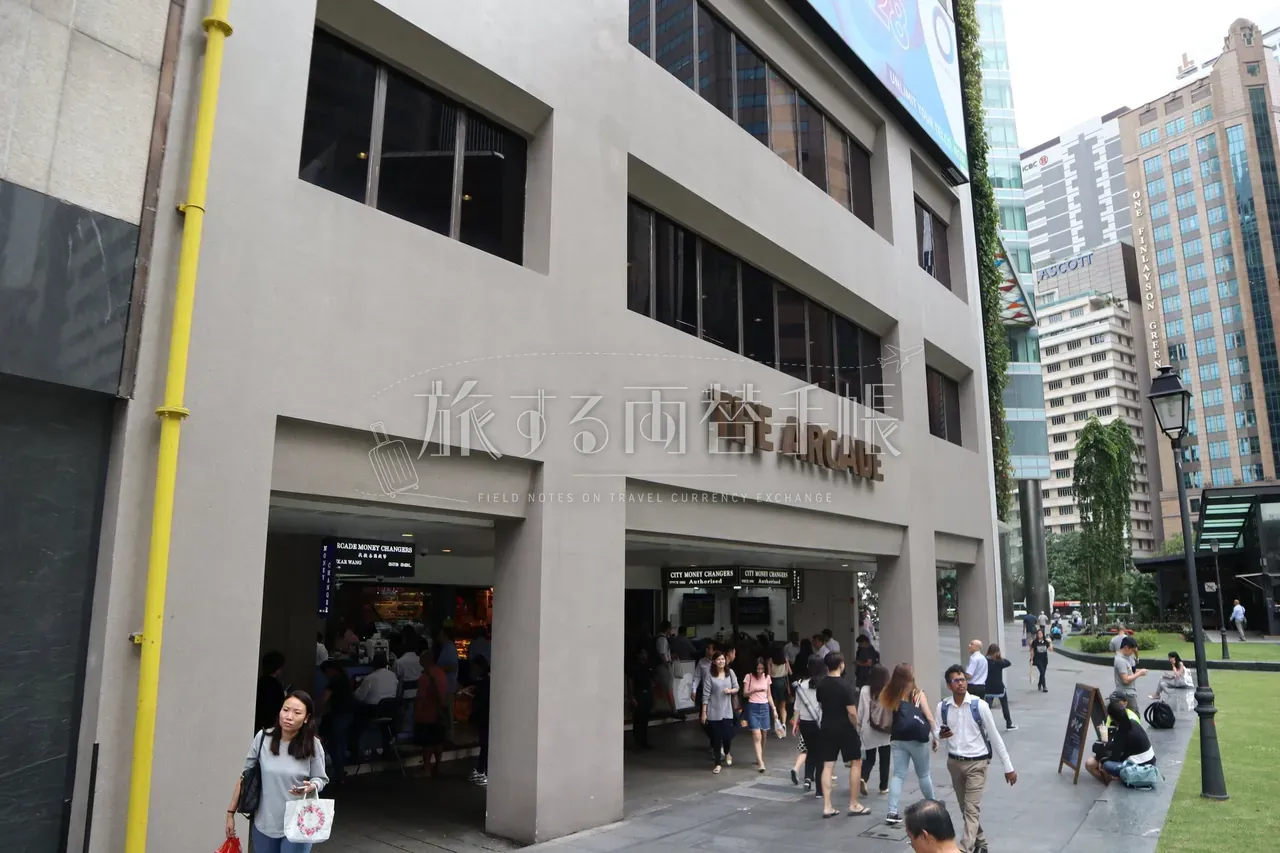 ラッフルズプレイス「THE ARCADE」入口外観と歩道を行き交う人波