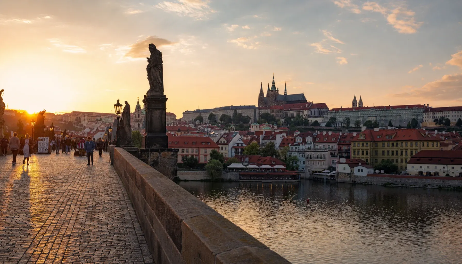 Charles Bridge と Prague Castle、Vltava 川越しの golden hour。旧市街の赤い屋根と Old Town Bridge Tower が前景に。