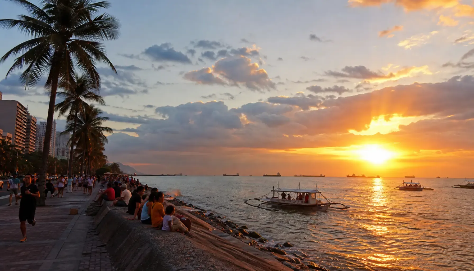 マニラ湾の夕景。Roxas Boulevard 沿いの椰子並木がシルエットになり、レイヤー状の熱帯雲が黄金色に染まる海面、地元住民が夕涼みする。