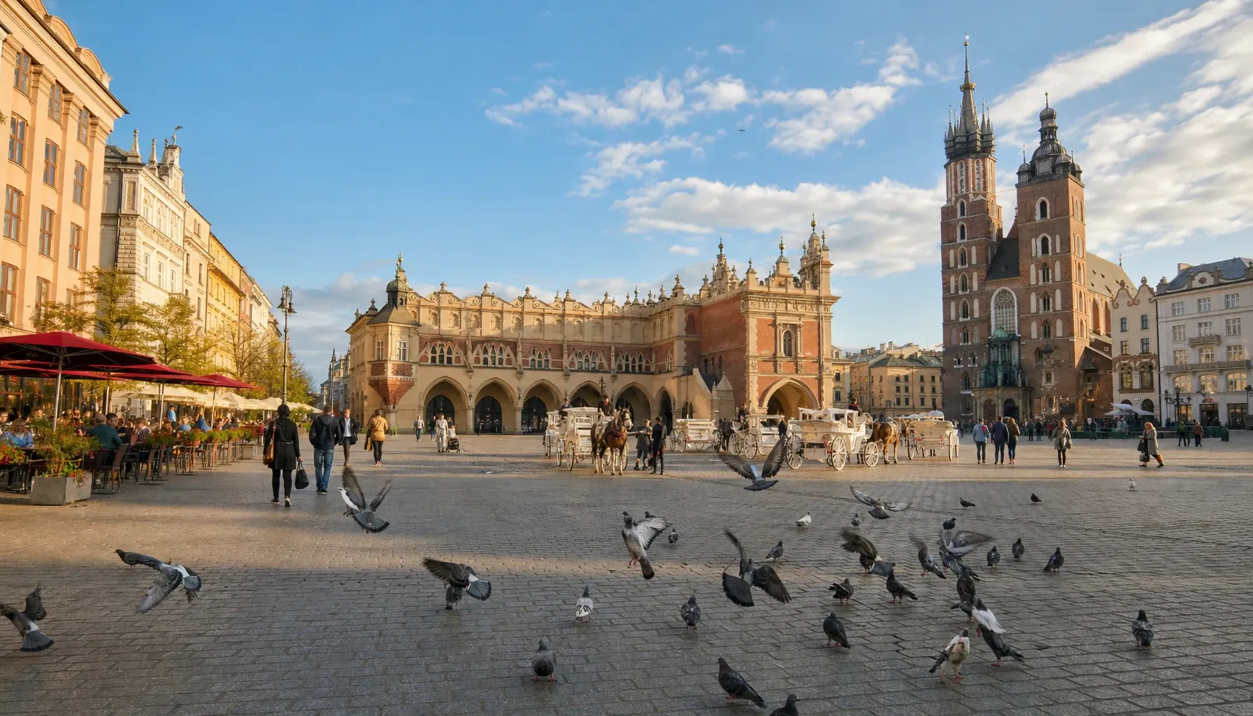 クラクフ旧市街マーケット広場（Rynek Główny）の昼景。Sukiennice（織物会館）と聖マリア教会の双塔、パステル調の家々、馬車と石畳。