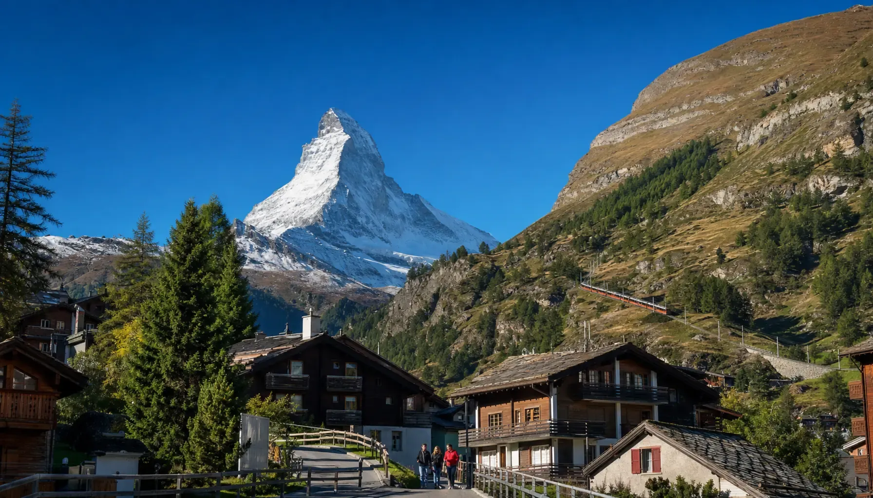 ツェルマット村から望むマッターホルンの朝景。三角錐の峰と伝統的木造シャレー、深青のアルプス空、登山鉄道 Gornergratbahn の姿。